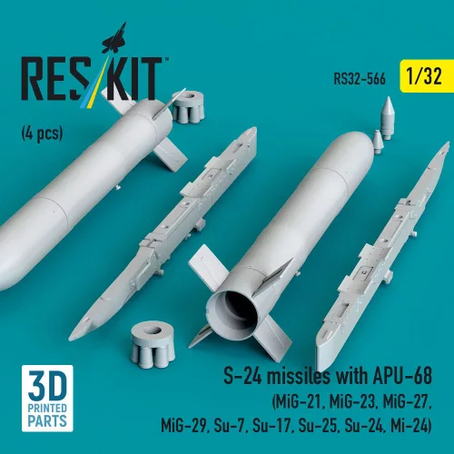 ResKit Models S-24 missiles with APU-68 (4 pcs) (MiG-21, MiG-23, MiG-27, MiG-29, Su-7, Su-17, Su-25, Su-24, Mi-24) (3D Printed) - S-24 – rakéták, 4 db
