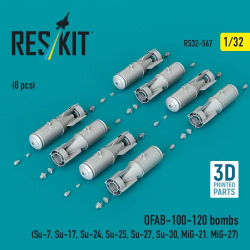 ResKit Models OFAB-100-120 bombs (8 pcs) (Su-7, Su-17, Su-24, Su-25, Su-27, Su-30, MiG-21, MiG-27) (3D Printed) - OFAB-100-120 – bombák, 8 db