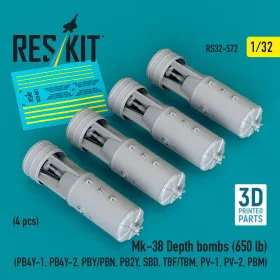   ResKit Models Mk-38 Depth bombs (650 lb) (4 pcs) (PB4Y-1, PB4Y-2, PBY/PBN, PB2Y, SBD, TBF/TBM, PV-1, PV-2, PBM) (3D Printed) - Mk-38 – mélységi bombák, 650 fontos, 4 db