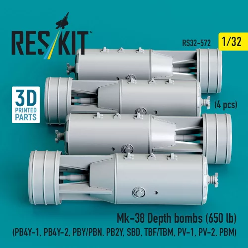 ResKit Models Mk-38 Depth bombs (650 lb) (4 pcs) (PB4Y-1, PB4Y-2, PBY/PBN, PB2Y, SBD, TBF/TBM, PV-1, PV-2, PBM) (3D Printed) - Mk-38 – mélységi bombák, 650 fontos, 4 db