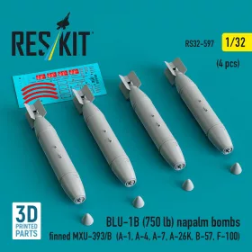   ResKit Models BLU-1B (750 lb) napalm bombs finned MXU-393/B (4 pcs) (A-1, A-4, A-7, A-26K, B-57, F-100) (3D Printed) - BLU-1B (750 lb) napalm – bombák, 750 fontos, 4 db