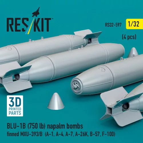 ResKit Models BLU-1B (750 lb) napalm bombs finned MXU-393/B (4 pcs) (A-1, A-4, A-7, A-26K, B-57, F-100) (3D Printed) - BLU-1B (750 lb) napalm – bombák, 750 fontos, 4 db