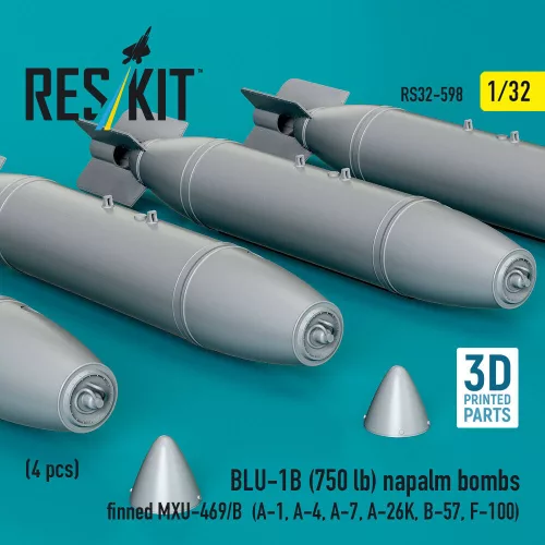 ResKit Models BLU-1B (750 lb) napalm bombs finned MXU-469/B (4 pcs) (A-1, A-4, A-7, A-26K, B-57, F-100) (3D Printed) - BLU-1B (750 lb) napalm – bombák, 750 fontos, 4 db