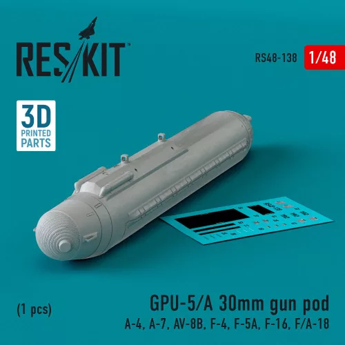 ResKit Models GPU-5/A 30mm gun pod (1 pcs) (A-4, A-7, AV-8B, F-4, F-5A, F-16, F/A-18) (3D Printed) - gépágyúkonténer, 1 db