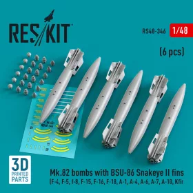   ResKit Models Mk.82 bombs with BSU-86 Snakeye II fins (6 pcs) (F-4, F-5, F-8, F-15, F-16, F-18, A-1, A-4, A-6, A-7, A-10, Kfir) (3D Printed) - Mk.82 – bombák, 6 db