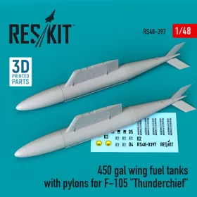   ResKit Models 450 gal wing fuel tanks with pylons for F-105 Thunderchief (2 pcs) - F-105 Thunderchief – 450 gallonos szárny alatti üzemanyag-póttartályok pilonokkal, 2 db