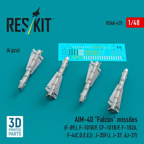 ResKit Models AIM-4D Falcon missiles (4 pcs) (F-89J, F-101B/F, CF-101B/F, F-102A, F-4(C,D,E,EJ), J-35F/J, J-37, AJ-37) (3D Printed) - AIM-4D Falcon – rakéták, 4 db