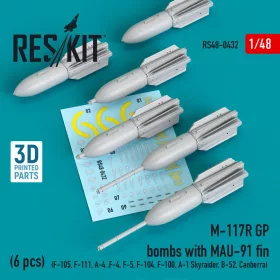   ResKit Models M-117R GP bombs with MAU-91 fin (6 pcs) (F-105,F-111, A-4 ,F-4, F-5, F-104, F-100, A-1 Skyraider, B-52, Canberra) (3D Printed) - bombák, 6 db