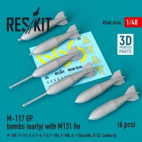   ResKit Models M-117 GP bombs (early) with M131 fin (6 pcs) (F-105, F-111, A-4 ,F-4, F-5, F-104, F-100, A-1 Skyraider, B-52, Canberra) (3D Printed) - M-117 GP – bombák, 6 db