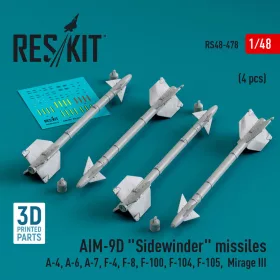   ResKit Models AIM-9D Sidewinder missiles (4 pcs) (A-4, A-6, A-7, F-4, F-8, F-100, F-104, F-105, Mirage III) (3D Printed) - AIM-9D Sidewinder – rakéták, 4 db