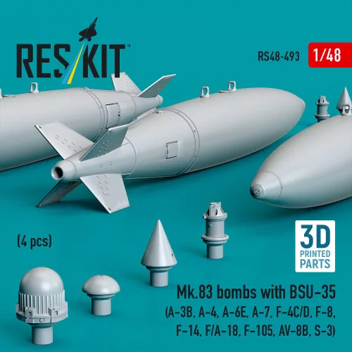 ResKit Models Mk.83 bombs with BSU-35 (4 pcs) (A-3B, A-4, A-6E, A-7, F-4C/D, F-8, F-14, F/A-18, F-105, AV-8B, S-3) (3D printed) - Mk.83 – bombák, 4 db