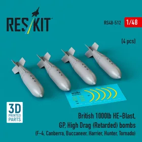   ResKit Models brit 1000lb HE-Blast, GP, High Drag (Retarded) – bombák, 4 db