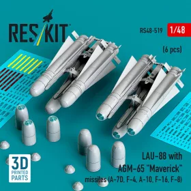   ResKit Models LAU-88 with (2 pcs) AGM-65 Maverick missiles (6 pcs) (A-7D, F-4, A-10, F-16) (3D Printed) - LAU-88 indítósín AGM-65 Maverick rakétákkal, 2 db