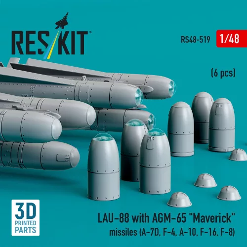 ResKit Models LAU-88 with (2 pcs) AGM-65 Maverick missiles (6 pcs) (A-7D, F-4, A-10, F-16) (3D Printed) - LAU-88 indítósín AGM-65 Maverick rakétákkal, 2 db