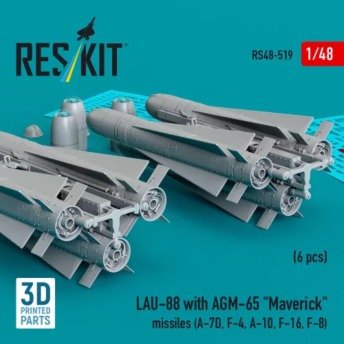 ResKit Models LAU-88 with (2 pcs) AGM-65 Maverick missiles (6 pcs) (A-7D, F-4, A-10, F-16) (3D Printed) - LAU-88 indítósín AGM-65 Maverick rakétákkal, 2 db