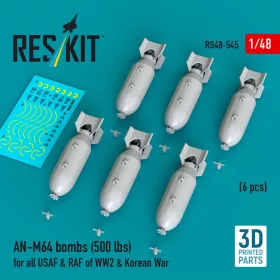   ResKit Models AN-M64 bombs (6 pcs) (500 lbs) for all USAF & RAF of WW2 & Korean War (3D Printed) - bombák, 500 fontos, 6 db
