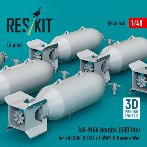 ResKit Models AN-M64 bombs (6 pcs) (500 lbs) for all USAF & RAF of WW2 & Korean War (3D Printed) - bombák, 500 fontos, 6 db