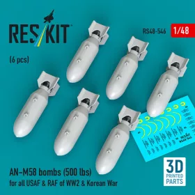   ResKit Models AN-M58 bombs (6 pcs) (500 lbs) for all USAF & RAF of WW2 & Korean War (3D Printed) - bombák, 500 fontos, 6 db