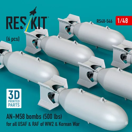ResKit Models AN-M58 bombs (6 pcs) (500 lbs) for all USAF & RAF of WW2 & Korean War (3D Printed) - bombák, 500 fontos, 6 db
