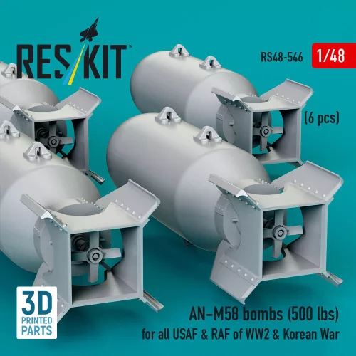 ResKit Models AN-M58 bombs (6 pcs) (500 lbs) for all USAF & RAF of WW2 & Korean War (3D Printed) - bombák, 500 fontos, 6 db