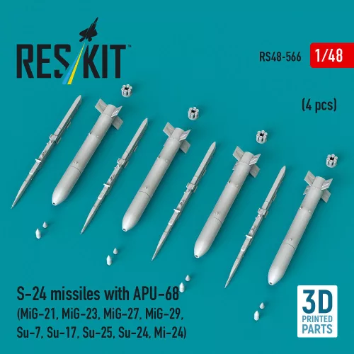 ResKit Models S-24 missiles with APU-68 (4 pcs) (MiG-21, MiG-23, MiG-27, MiG-29, Su-7, Su-17, Su-25, Su-24, Mi-24) (3D Printed) - S-24 – rakéták, 4 db