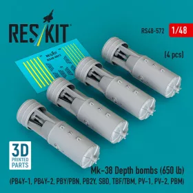   ResKit Models Mk-38 Depth bombs (650 lb) (4 pcs) (PB4Y-1, PB4Y-2, PBY/PBN, PB2Y, SBD, TBF/TBM, PV-1, PV-2, PBM) (3D Printed) - Mk-38 – mélységi bombák, 650 fontos, 4 db