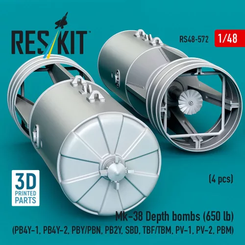 ResKit Models Mk-38 Depth bombs (650 lb) (4 pcs) (PB4Y-1, PB4Y-2, PBY/PBN, PB2Y, SBD, TBF/TBM, PV-1, PV-2, PBM) (3D Printed) - Mk-38 – mélységi bombák, 650 fontos, 4 db