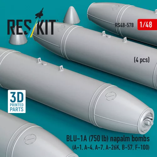 ResKit Models BLU-1A (750 lb) napalm bombs (4 pcs) (A-1, A-4, A-7, A-26K, B-57, F-100) (3D Printed) - BLU-1A (750 lb) napalm – bombák, 750 fontos, 4 db