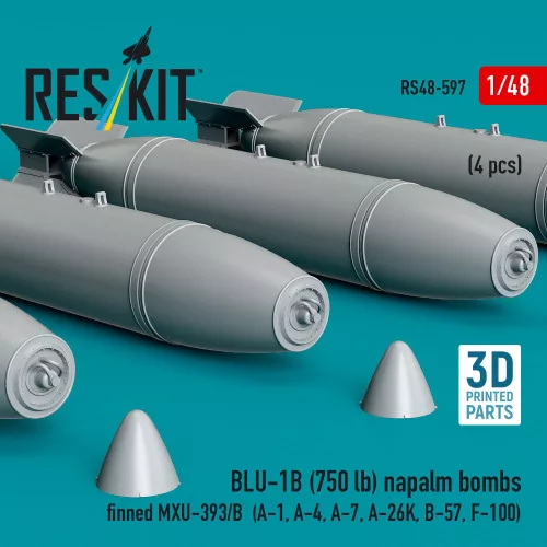ResKit Models BLU-1B (750 lb) napalm bombs finned MXU-393/B (4 pcs) (A-1, A-4, A-7, A-26K, B-57, F-100) (3D Printed) - BLU-1B (750 lb) napalm – bombák, 750 fontos, 4 db