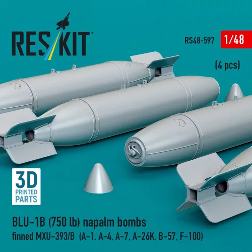 ResKit Models BLU-1B (750 lb) napalm bombs finned MXU-393/B (4 pcs) (A-1, A-4, A-7, A-26K, B-57, F-100) (3D Printed) - BLU-1B (750 lb) napalm – bombák, 750 fontos, 4 db