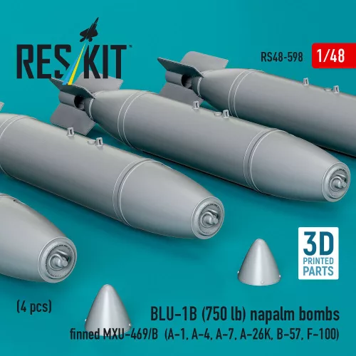 ResKit Models BLU-1B (750 lb) napalm bombs finned MXU-469/B (4 pcs) (A-1, A-4, A-7, A-26K, B-57, F-100) (3D Printed) - BLU-1B (750 lb) napalm – bombák, 750 fontos, 4 db