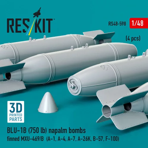 ResKit Models BLU-1B (750 lb) napalm bombs finned MXU-469/B (4 pcs) (A-1, A-4, A-7, A-26K, B-57, F-100) (3D Printed) - BLU-1B (750 lb) napalm – bombák, 750 fontos, 4 db