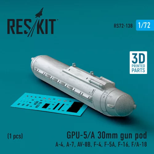ResKit Models GPU-5/A 30mm gun pod (1 pcs) (A-4, A-7, AV-8B, F-4, F-5A, F-16, F/A-18) (3D Printed) - gépágyúkonténer, 1 db