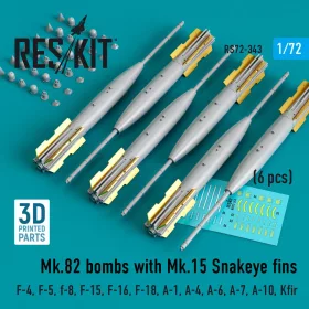  ResKit Models Mk.82 bombs with Mk.15 Snakeye fins (6 pcs) (F-4, F-5, F-8, F-15, F-16, F-18, A-1, A-4, A-6, A-7, A-10, Kfir) (3D Printed) - Mk.82 – bombák, 6 db