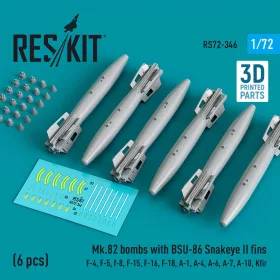   ResKit Models Mk.82 bombs with BSU-86 Snakeye II fins (6 pcs) (F-4, F-5, F-8, F-15, F-16, F-18, A-1, A-4, A-6, A-7, A-10, Kfir) (3D Printed) - Mk.82 – bombák, 6 db