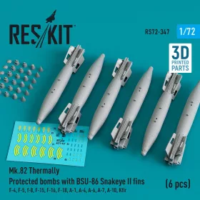   ResKit Models Mk.82 bombs with BSU-86 Snakeye II fins (6 pcs) (F-4, F-5, F-8, F-15, F-16, F-18, A-1, A-4, A-6, A-7, A-10, Kfir) (3D Printed) - Mk.82 – bombák, 6 db