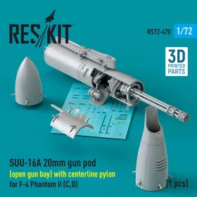   ResKit Models SUU-16A 20mm gun pod (open gun bay) with centerline pylon for F-4 Phantom II (C,D) (1 pcs) (3D Printed) - gépágyúkonténer, 1 db