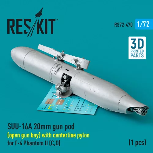 ResKit Models SUU-16A 20mm gun pod (open gun bay) with centerline pylon for F-4 Phantom II (C,D) (1 pcs) (3D Printed) - gépágyúkonténer, 1 db