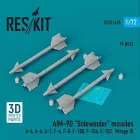   ResKit Models AIM-9D Sidewinder missiles (4 pcs) (A-4, A-6, A-7, F-4, F-8, F-100, F-104, F-105, Mirage III) (3D Printed) - AIM-9D Sidewinder – rakéták, 4 db