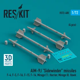   ResKit Models AIM-9J Sidewinder missiles (4 pcs) (F-4, F-5, F-16, F-15, F-14, Mirage F.1, Harrier, Mirage III, Hawk) (3D Printed) - AIM-9J Sidewinder – rakéták, 4 db