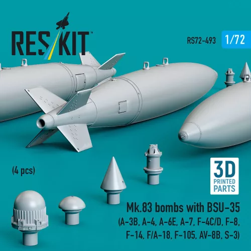 ResKit Models Mk.83 bombs with BSU-35 (4 pcs) (A-3B, A-4, A-6E, A-7, F-4C/D, F-8, F-14, F/A-18, F-105, AV-8B, S-3) (3D printed) - Mk.83 – bombák, 4 db
