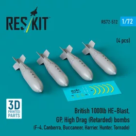  ResKit Models brit 1000lb HE-Blast, GP, High Drag (Retarded) – bombák, 4 db