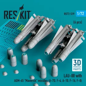  ResKit Models LAU-88 with (2 pcs) AGM-65 Maverick missiles (6 pcs) (A-7D, F-4, A-10, F-16) (3D Printed) - LAU-88 indítósín AGM-65 Maverick rakétákkal, 2 db