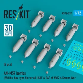   ResKit Models AN-M57 bombs (250 lbs, box-type fin) for all USAF & RAF of WW2 & Korean War (8 pcs) (3D Printed) - AN-M57 – bombák, 8 db