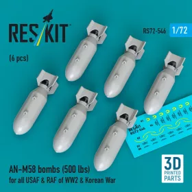   ResKit Models AN-M58 bombs (500 lbs) for all USAF & RAF of WW2 & Korean War (6 pcs) (3D Printed) - AN-M58 – bombák, 500 fontos, 6 db