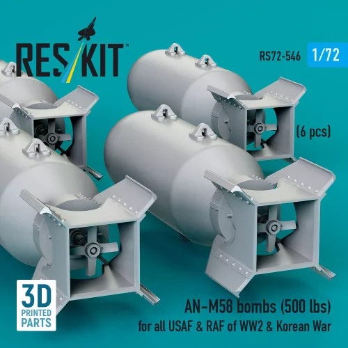 ResKit Models AN-M58 bombs (500 lbs) for all USAF & RAF of WW2 & Korean War (6 pcs) (3D Printed) - AN-M58 – bombák, 500 fontos, 6 db