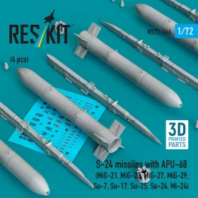   ResKit Models S-24 missiles with APU-68 (4 pcs) (MiG-21, MiG-23, MiG-27, MiG-29, Su-7, Su-17, Su-25, Su-24, Mi-24) (3D Printed) - S-24 – rakéták, 4 db