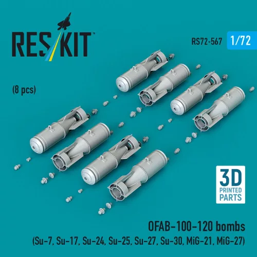 ResKit Models OFAB-100-120 bombs (8 pcs) (Su-7, Su-17, Su-24, Su-25, Su-27, Su-30, MiG-21, MiG-27) (3D Printed) - OFAB-100-120 – bombák, 8 db