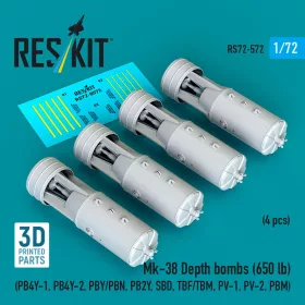   ResKit Models Mk-38 Depth bombs (650 lb) (4 pcs) (PB4Y-1, PB4Y-2, PBY/PBN, PB2Y, SBD, TBF/TBM, PV-1, PV-2, PBM) (3D Printed) - Mk-38 – mélységi bombák, 650 fontos, 4 db