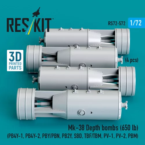 ResKit Models Mk-38 Depth bombs (650 lb) (4 pcs) (PB4Y-1, PB4Y-2, PBY/PBN, PB2Y, SBD, TBF/TBM, PV-1, PV-2, PBM) (3D Printed) - Mk-38 – mélységi bombák, 650 fontos, 4 db
